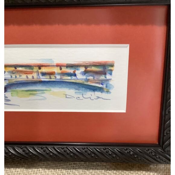 Nice small rectangle village town bridge watercolor painting signed by artist - Picture 2 of 7